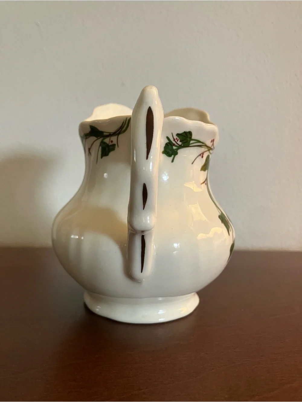 White Ceramic Creamer with Green Vine Motif